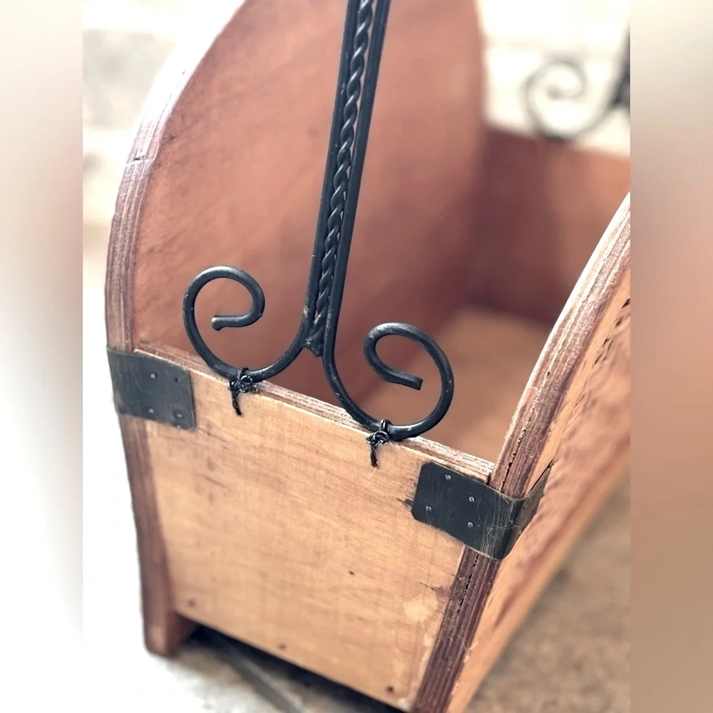 Woven Wooden Magazine Holder. 13”x13.5. Textured | Iron Accents | Vintage.